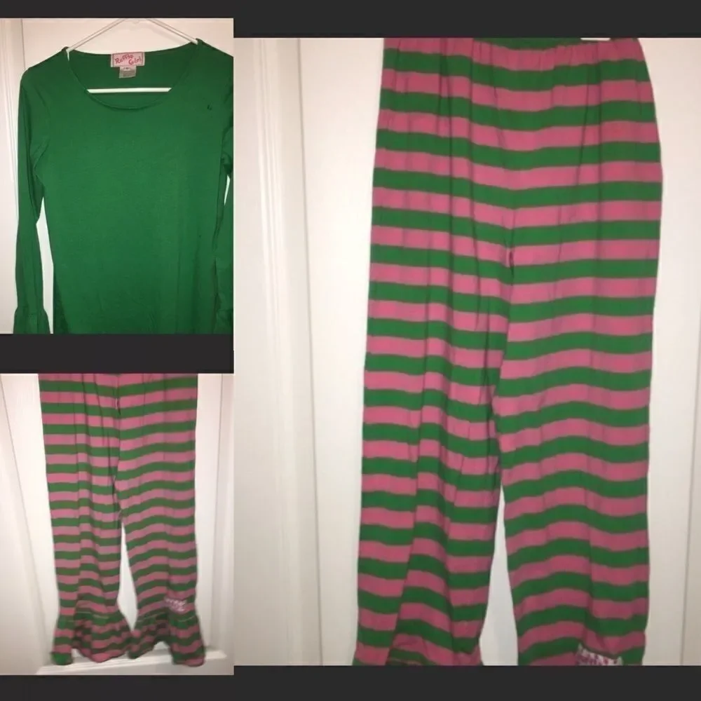 Ruffle girl outfit size 14 pants and top green